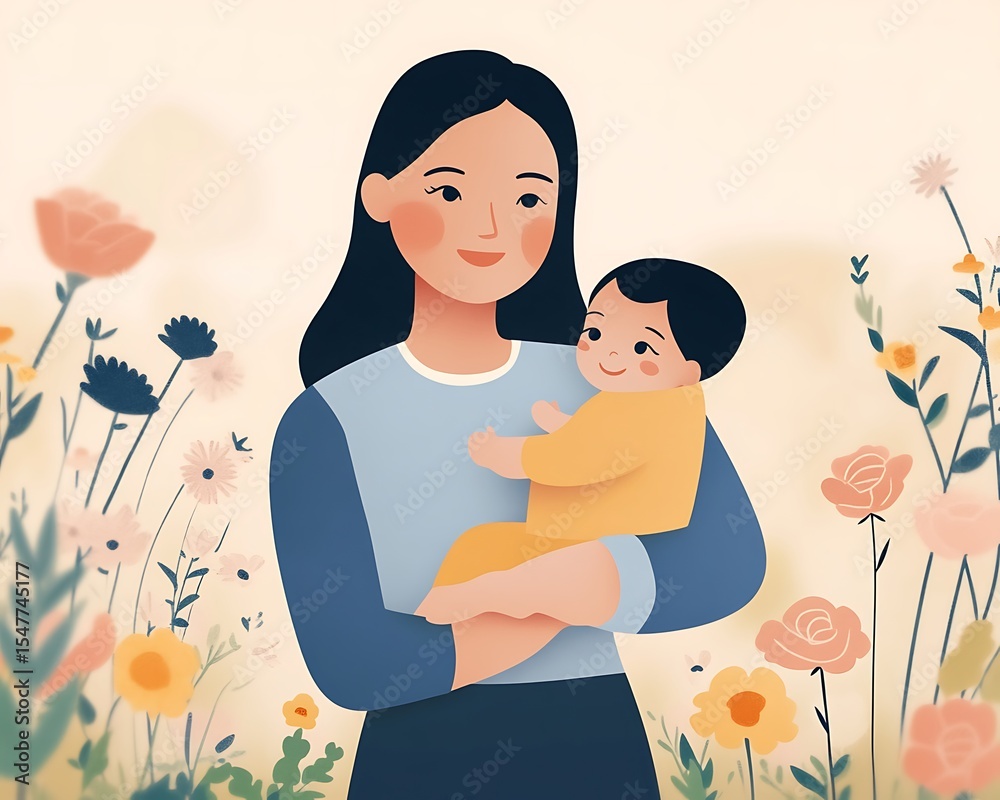 Obraz premium A mother lovingly holding a baby surrounded by blooming flowers