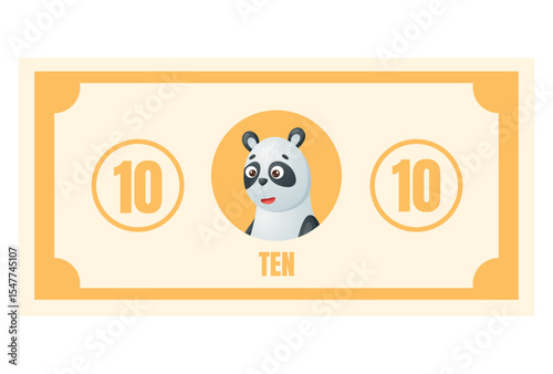Playful vector cartoon banknote with panda character and number ten. Bright yellow educational money for kids learning games, counting skills, pretend shopping, and early finance activities.