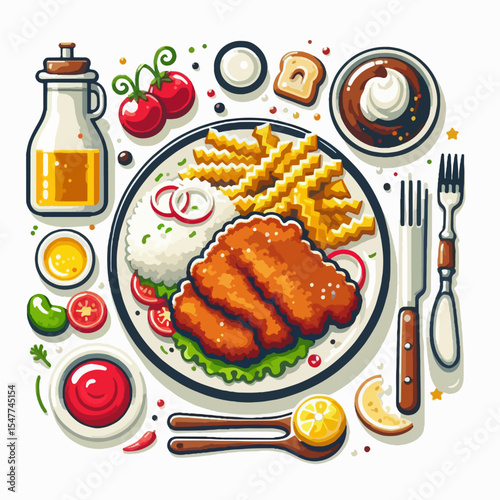 Vibrant graphic illustration of a plate of fried food, including chicken, rice, fries, and various sauces and condiments, presented in an appealing and artistic style.