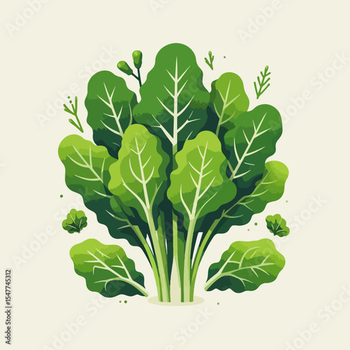 A vibrant illustration of a bunch of fresh, green spinach leaves with detailed veins and stems, set against a light background.