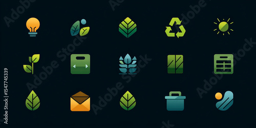 Collection of Sixteen Green and Yellow Eco Icons Representing Renewable Energy Recycling and Sustainable Living Concepts Featuring Leaf Sun