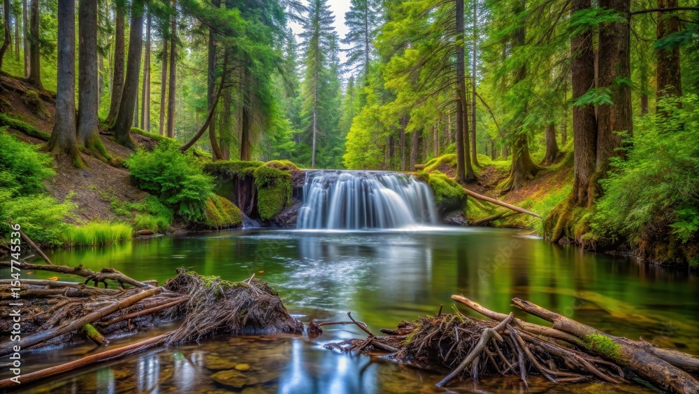 Obraz premium A small beaver dam in the midst of a serene forest, creating a gentle waterfall at North Fork Little Butte Creek, surrounded by lush greenery and towering trees , beaver, wildlife photography