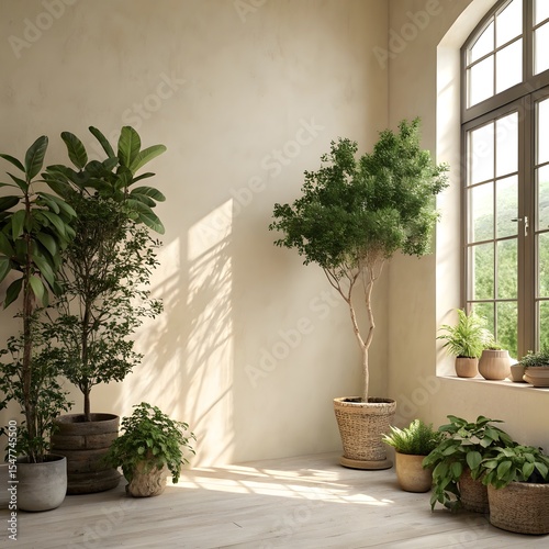 Natural light streaming through a window onto a beige fabric backdrop surrounded by lush green indoor plants.