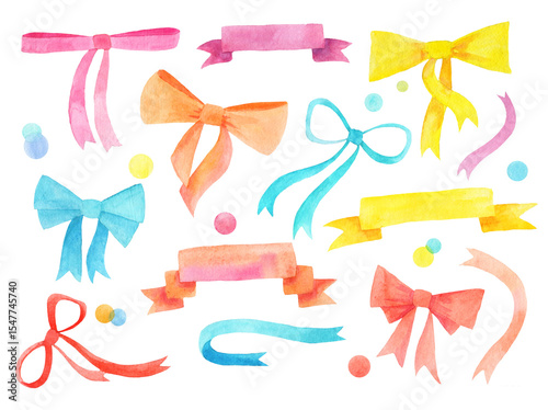 set of various watercolor bows, banners and ribbons in bright colors, pink, orange, yellow, and blue, hand drawn illustration