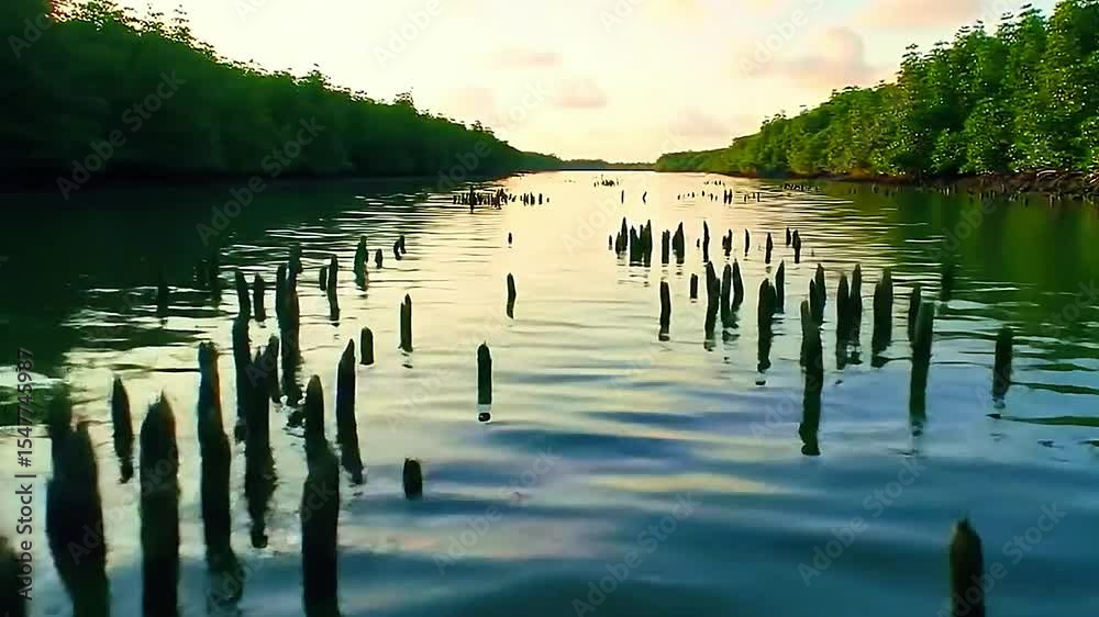 Tropical estuary at sunrise – tropical emerald water flows calmly between static mangrove roots, soft golden-hour light glistens across the surface, thin wispy clouds drifting slowly above, mood: sere