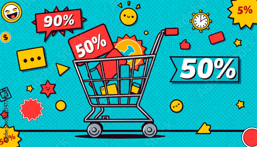 Shopping cart filled with sale items and promotional stickers in vibrant pop art style
