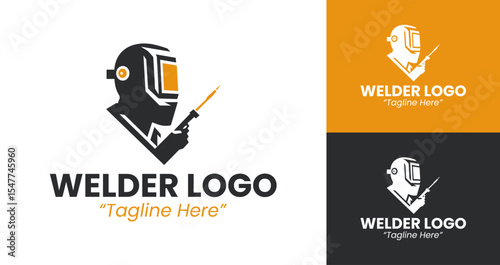 Creative Welder Logo Featuring Yellow Sparks and Black Helmet Design
