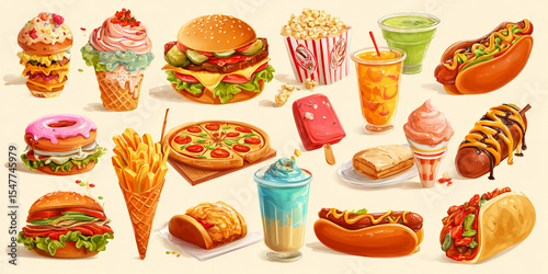 Colorful Fast Food Illustration Featuring Burgers Pizza Hot Dogs Ice Cream Cones French Fries Popcorn and Drinks