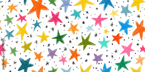 Colorful Hand Drawn Star Pattern Seamless Texture Background Bright Multicolored Stars White Background Childish Doodle Style
