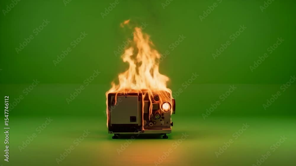 Film Projector on Fire Against Green Screen - A vintage film projector is engulfed in flames, set against a vibrant green screen background.