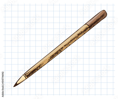 Hand drawn vintage sketch of school ballpoint pen in brown color on grid notebook background, isolated vector illustration