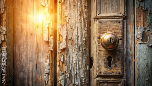 Wallpaper Mural Weathered wooden door with a worn-out doorknob and a hint of sunlight peeking through the crack , door, beige Torontodigital.ca