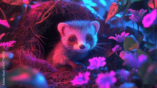 A mischievous ferret, 3D render style, peeking out of a burrow, neon lighting, with glowing plants and flowers around it