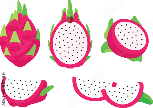 Vibrant Dragon Fruit Illustration Whole Halved and Sliced Exotic Fruit Collection