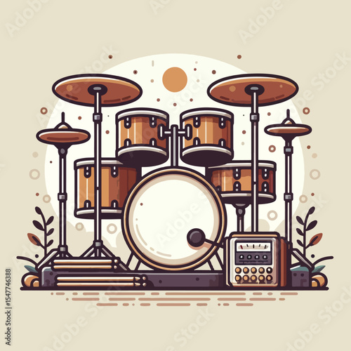 Stylized illustration of a complete drum kit, displayed against a light beige backdrop.  The drum set is presented with an emphasis on design and visual appeal.