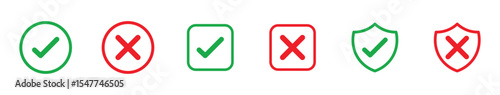 Set of Green checkmark tick and red X icon in outline style, vector illustration .