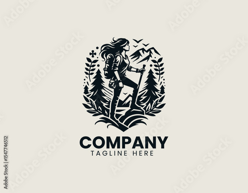 Adventure girl silhouette standing on mountain peak with dog companion inside circular badge emblem conveying exploration spirit