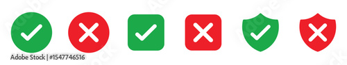 check mark icon button set. check box icon with right and wrong buttons and yes or no checkmark icons in green tick box and red cross. vector illustration