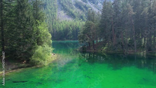 Aerial of alpine paradise emerald lake Gruner See with crystalline waters and pine forest. Summertime in Austria.