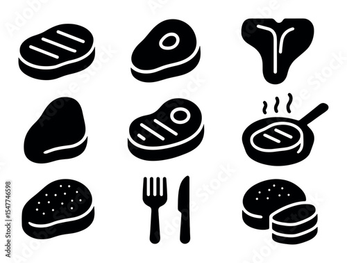 Meat, steak silhouette icon set. cooking, grilling icons in silhouette style