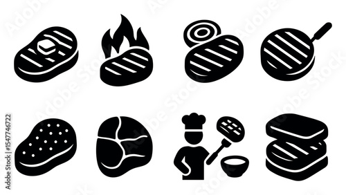 Food, cooking solid icon set. grilling, steak, chef icons solid collection