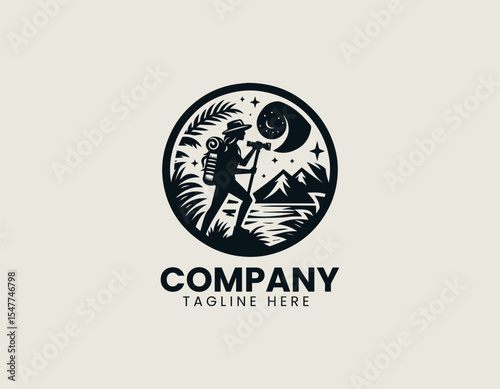 Adventure girl silhouette standing on mountain peak with dog companion inside circular badge emblem conveying exploration spirit