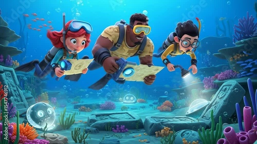 Animated underwater characters explore sunken ancient site colorful cartoon exploration scene
