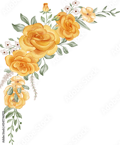 Fototapeta Naklejka Na Ścianę i Meble -  Golden Rose and Greenery Corner Bouquet Watercolor Illustration