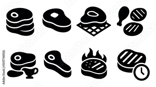 Food, cooking solid icon set. grilling, steak, bbq icons solid collection