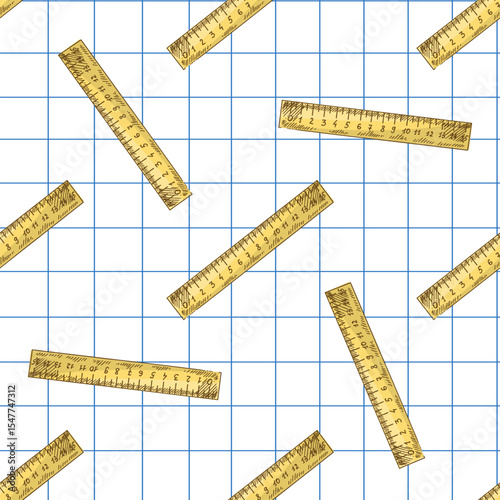 Hand drawn vintage seamless pattern of yellow school rulers on grid notebook background, vector stationery illustration
