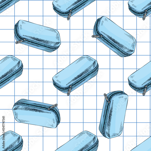 Hand drawn vintage seamless pattern of blue pencil case with zipper on grid notebook background, vector illustration
