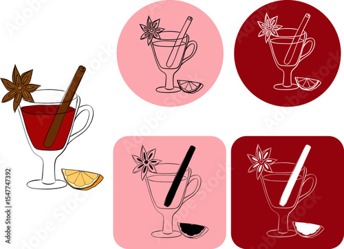 Hot mulled wine with cinnamon, star anise and orange logotype. Vector graphic line ink illustration. Hot drink with citrus and spices For poster, invitation, backdrop, ad, print for t-shirt