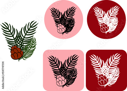 Pine tree branch with pine cone logotype. Vector graphic line ink illustration. Silhouette sign for logo, print, comics, fashion, pop art, boards, design, stickers, decoration, posters