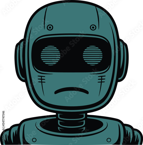 Vector illustration of a retro robot head, isolated on white. Sad expression, teal color scheme.