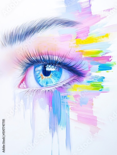 A realistic eye is centered, surrounded by brush strokes of vibrant colors. The artwork blends meticulous detail with abstract forms, symbolizing the intersection of reality and imagination