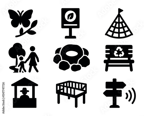 Nature and outdoor solid icon set. environment, picnic, park symbols collection