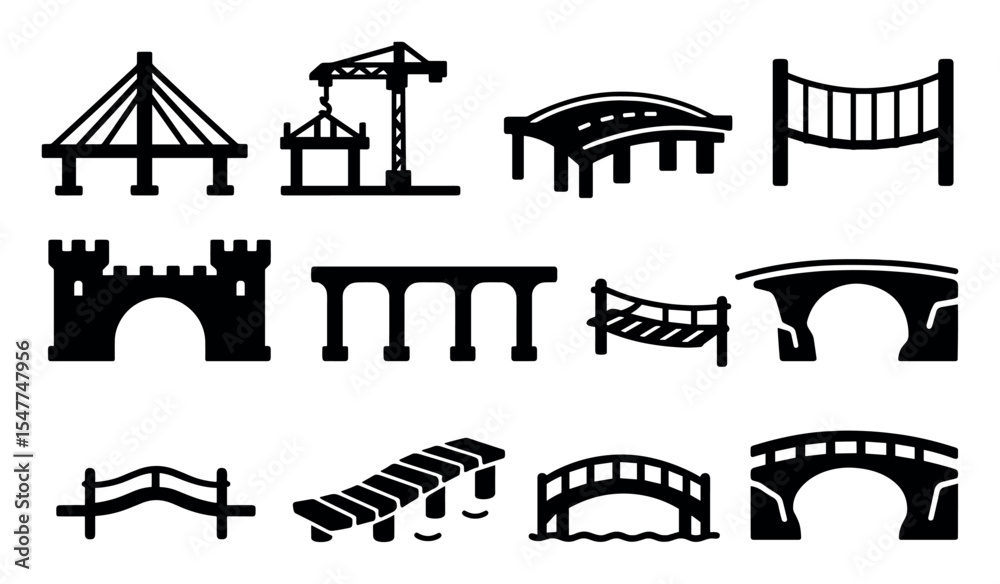 Fototapeta premium Bridge and architecture solid icon set. infrastructure and construction icons