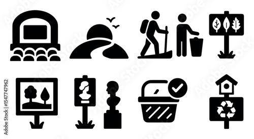 Outdoor, nature solid icon set. adventure, hiking, scenery, exploration, travel symbols