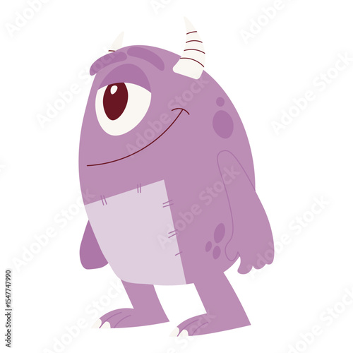 Cute purple monster with one eye and horns. Funny cartoon alien character. Smiling cyclops for kids illustration.