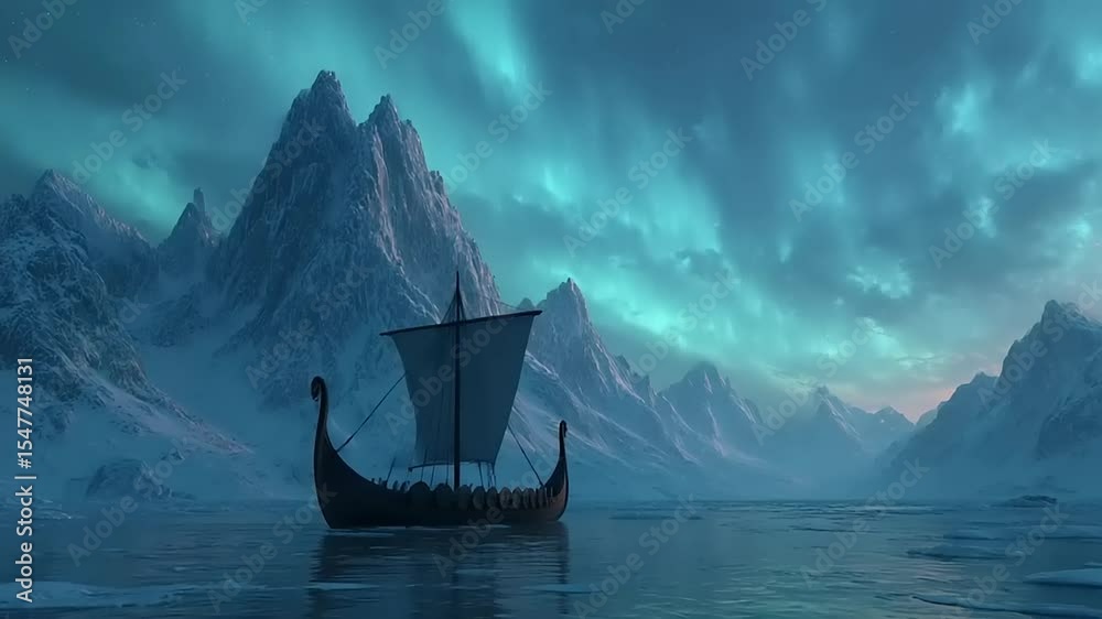 A Viking ship gliding through icy waters under a vibrant aurora borealis in a serene landscape