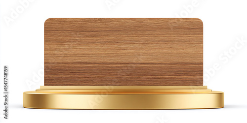 Golden base rectangular wooden signboard light brown wood grain texture blank template mockup product presentation display stand