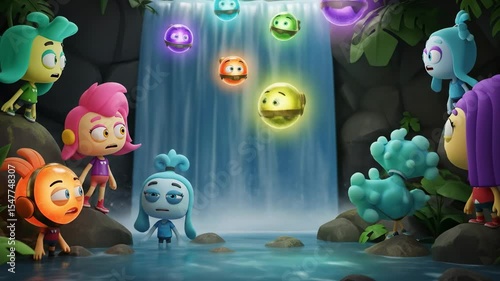 Animated characters near waterfall in a vibrant jungle environment
