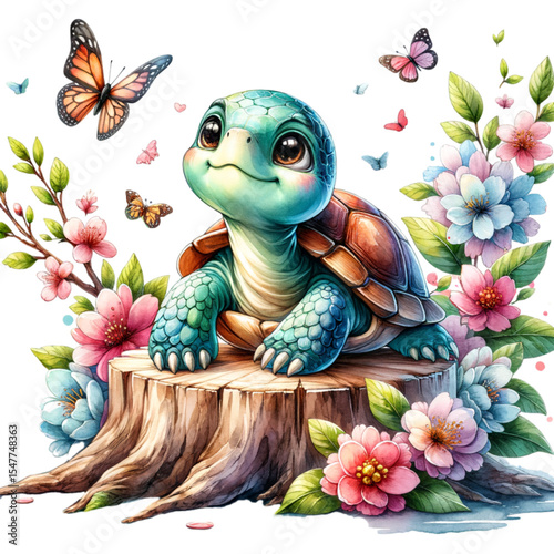 Charming Turtle in Floral Fantasy: A delightful cartoon turtle sits upon a tree stump amidst a vibrant array of blooming flowers and fluttering butterflies, rendered in a vivid, charming illustration.