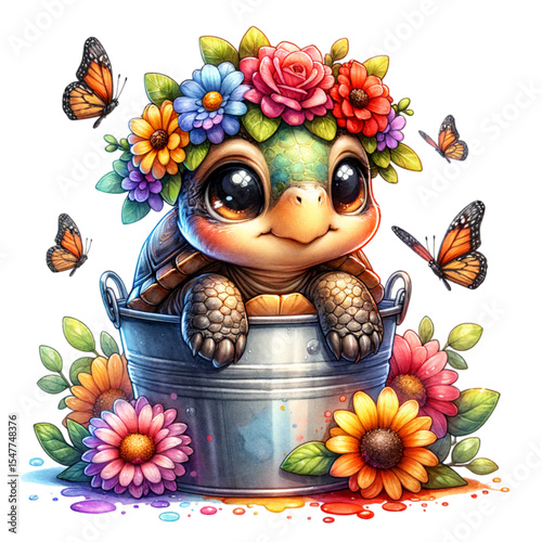 Whimsical Turtle in Bloom: A charming illustration of a happy turtle adorned with a floral crown, nestled in a metallic bucket amidst a vibrant garden of flowers and butterflies.