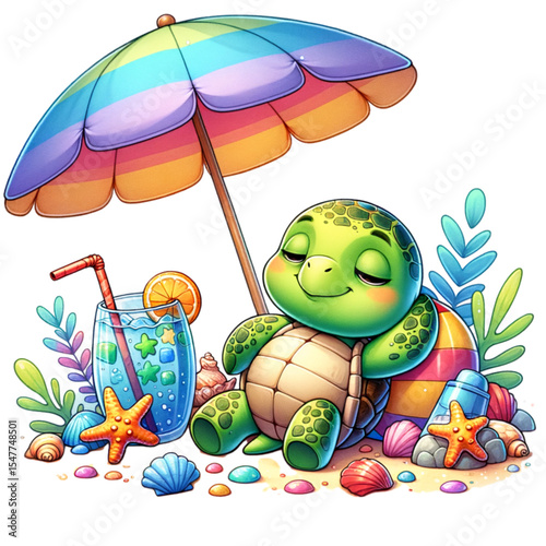 Turtle's Tropical Getaway: A charming cartoon turtle, relaxed under a colorful umbrella, enjoys a refreshing drink on a sandy beach, embodying carefree leisure and summer bliss.