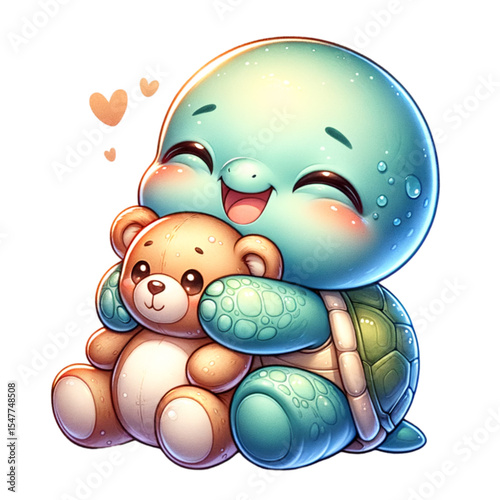 Caring Turtle's Heartfelt Embrace: A cute turtle, radiating joy, affectionately clutches a soft, plush teddy bear, sharing a moment of tender love and connection.