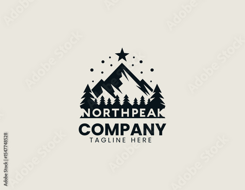 Mountain peak silhouette logo with north direction symbol in clean modern vector design