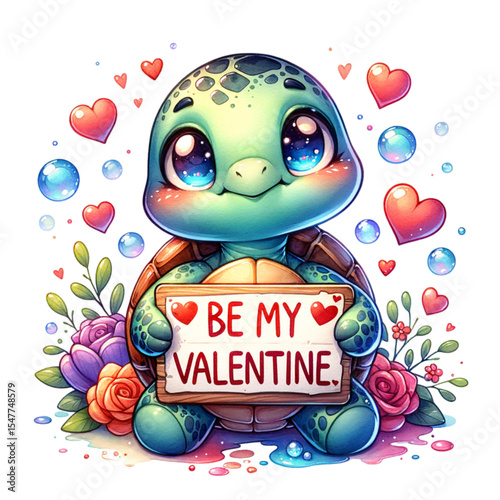 Turtle's Valentine Message: A charming cartoon turtle extends a wooden sign, adorned with a heartfelt "BE MY VALENTINE" message.