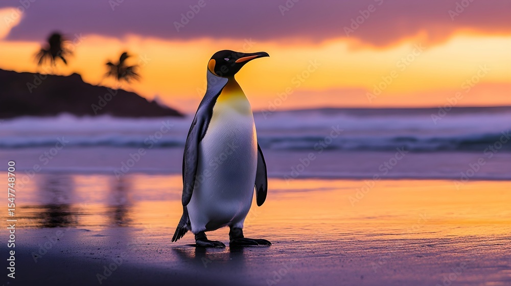 Fototapeta premium pingwin cesarski, plaża wulkaniczna, czarny piasek, zachód słońca, wschód słońca, niebo pomarańczowe, niebo fioletowe, fale morskie, tropikalna plaża, sylwetka pingwina, światło złotej godziny, natura