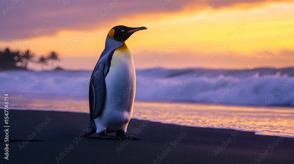 Fototapeta premium pingwin cesarski, plaża wulkaniczna, czarny piasek, zachód słońca, wschód słońca, niebo pomarańczowe, niebo fioletowe, fale morskie, tropikalna plaża, sylwetka pingwina, światło złotej godziny, natura